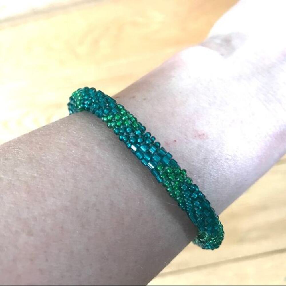 Blue/Green Glass Seed Bead Woven Rope‎ Bracelet